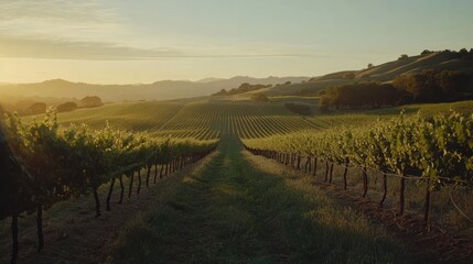 Fototapeta premium Vineyard Rows Basking In Golden Sunset Light
