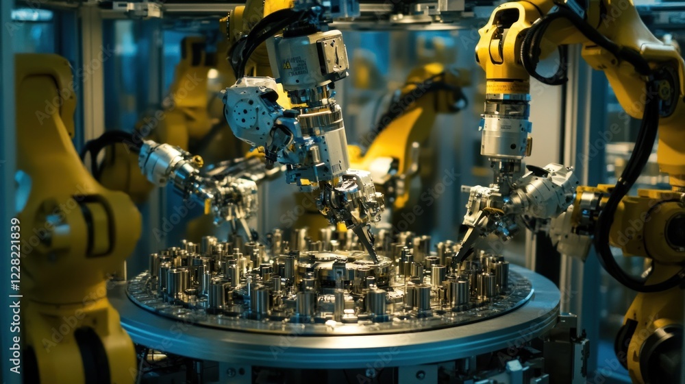 Poster Robotic Arms Assembling Precision Components in Factory