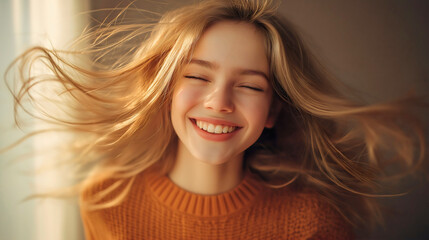 Fototapeta premium Happy Girl Portrait in Natural Light with a Bright Smile and Golden Hair