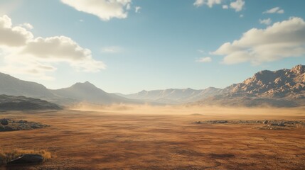 Fototapeta premium Dusty Desert Plain Under a Cloudy Sky and Mountains