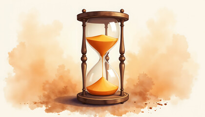 Watercolor illustration of an antique hourglass with warm golden tones and soft browns, nostalgic feel