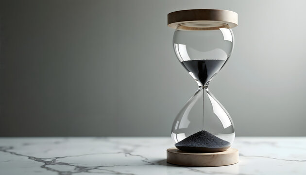 Modern hourglass with black sand on sleek marble surface, minimalist and elegant atmosphere - Powered by Adobe