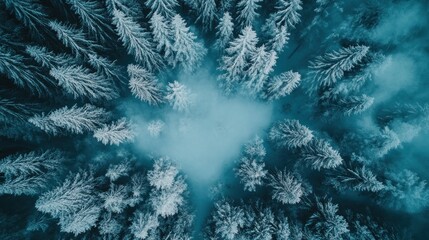 Aerial View of a Snow Covered Forest in Winter