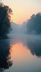 Obraz premium Softly glowing mist rises from the river surface as morning breaks slowly, river, reflection, fog
