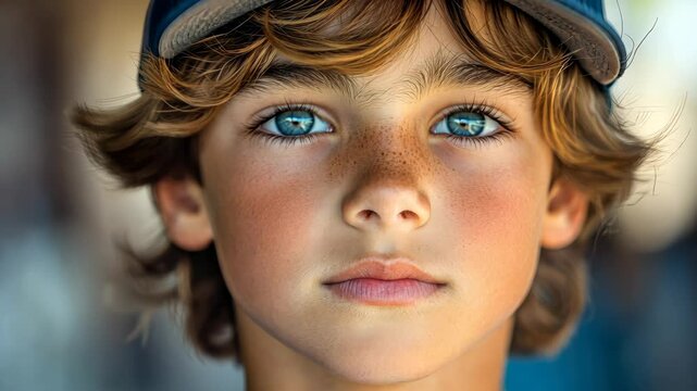Intense gaze of a young boy with blue eyes in closeup portrait sequence