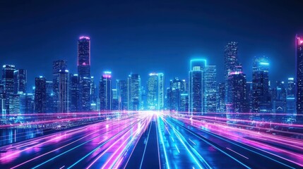 Cyberpunk Cityscape with Neon Pink and Blue Lights