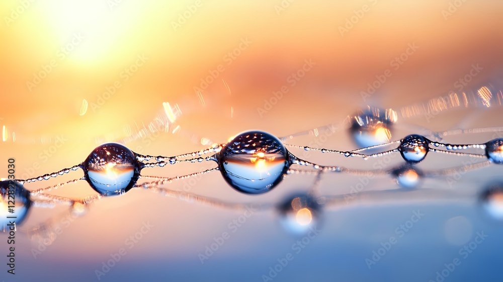 Poster delicate water drops on spider web string reflect sunrise sky and nature in spherical form, creating