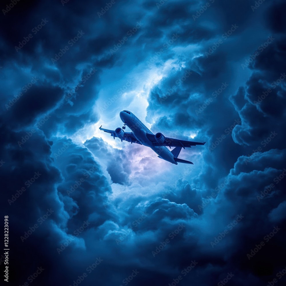 Poster flight through stormy clouds at twilight under darkened skies with dramatic lightning. generative ai