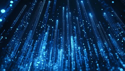 Glowing blue digital particles and light streaks rising upward against dark background create futuristic technology visualization for business presentations.