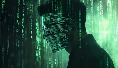 Silhouette of person in hoodie with digital code projection overlay against green matrix-style background, representing cybersecurity and hacking concepts.