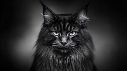 Close-up portrait of a majestic black cat with striking green eyes against a dark background, showcasing its elegant fur and intense expression