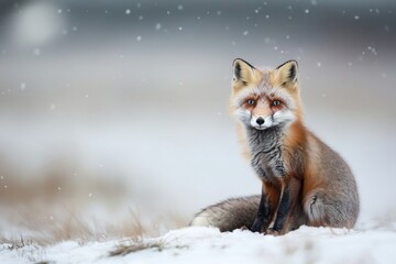 Fototapeta premium An Arctic fox sits gracefully on the snowy tundra, its striking blue eyes focused on the horizon. The landscape showcases soft, white snowflakes falling gently around the serene creature