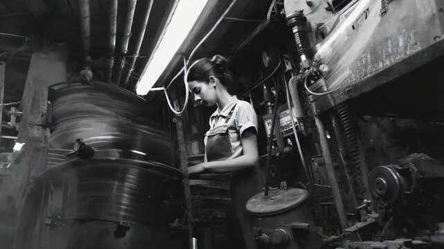 Female employee: black and white video, focused expression, professional appearance, determined posture, working diligently, monochrome footage, attention to detail, concentration, task completion.
