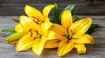 Obraz premium Vibrant Yellow Lilies Resting on Weathered Wood