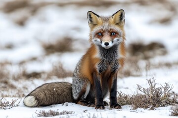 An arctic fox sits on the snowy tundra, its piercing blue eyes focused on the horizon. The landscape is covered in white, showcasing the cold of winter