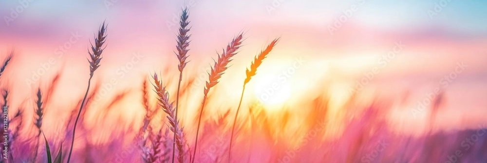 Poster golden rays illuminate wheat fields at sunset with a colorful sky in the background. generative ai