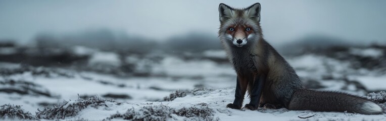 Obraz premium An arctic fox rests on a blanket of snow, its striking blue eyes scanning the horizon. The quiet tundra surrounds the fox, creating a peaceful winter atmosphere