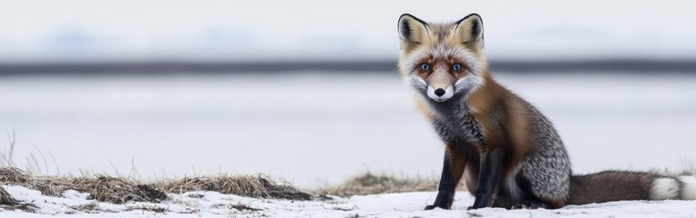 Fototapeta premium An arctic fox sits quietly on the snowy tundra, gazing intently into the distance with piercing blue eyes. This beautiful creature embodies the essence of its cold, barren environment
