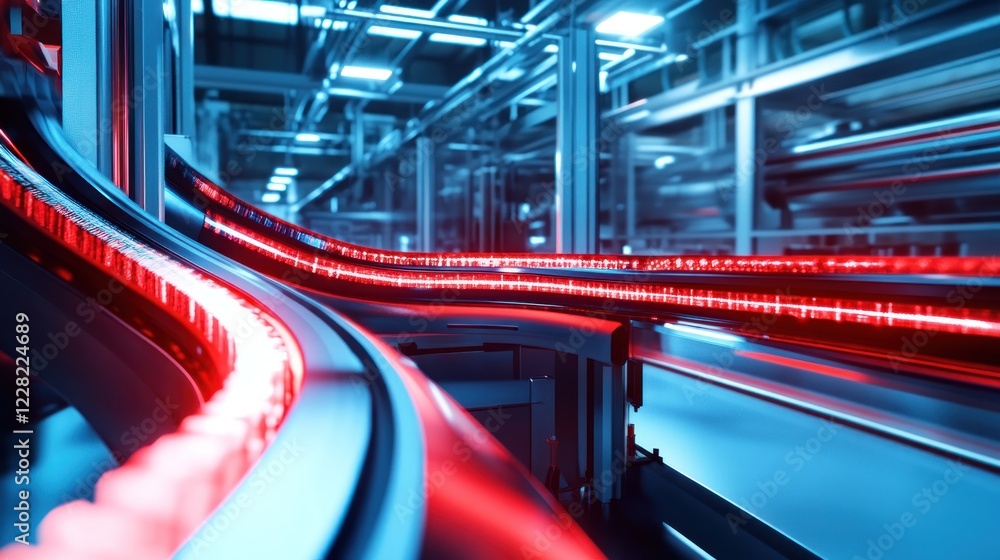 Poster futuristic red lit conveyor system in factory setting