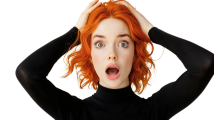 Vibrant Red Haired Woman Expressing Shock and Surprise in Dramatic Close-Up Portrait