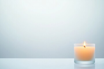 Calming candle emits soft light against minimalistic background,