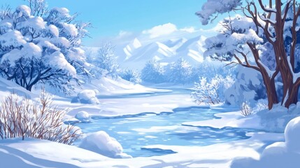 Winter River Scene Snow Covered Trees And Mountains