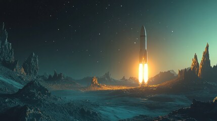 Rocket Launching From An Alien Planet Landscape
