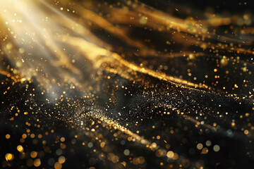 Abstract Golden Light with Shimmering Particles, Glittering Waves, and Radiant Glow Creating a Luxurious Festive Background with Sparkling Texture and Bokeh Effects