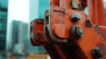 Rusty orange machinery detail against blurred cityscape background