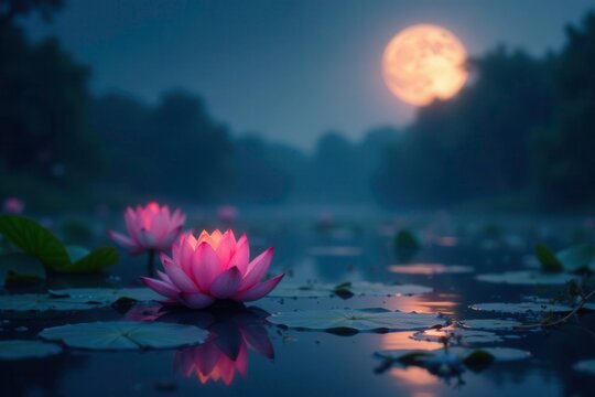 Softly glowing moon casts light on lotus flowers in a tranquil pool, moonlight, landscape, lotus