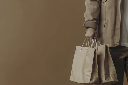 Man holding eco-friendly paper bags in neutral toned background