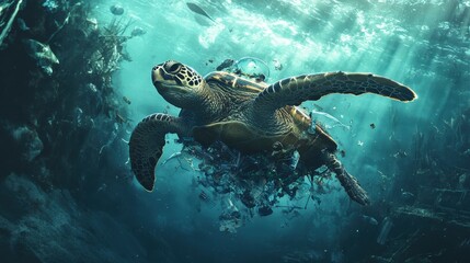 Obraz premium Sea Turtle Navigating Ocean Entangled with Plastic