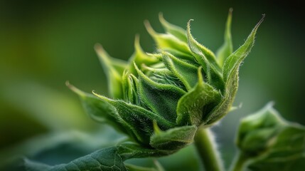 Obraz premium Young Sunflower Bud Unfurling in Green Sunlight