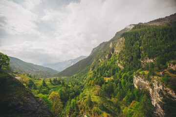 Fototapeta premium Beautiful alpine landscape. Atmospheric landscape with high mountain wall with forest. 