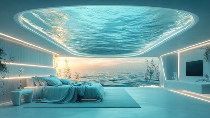 Fototapeta premium Underwater ceiling bedroom ocean view luxury modern home design sunset