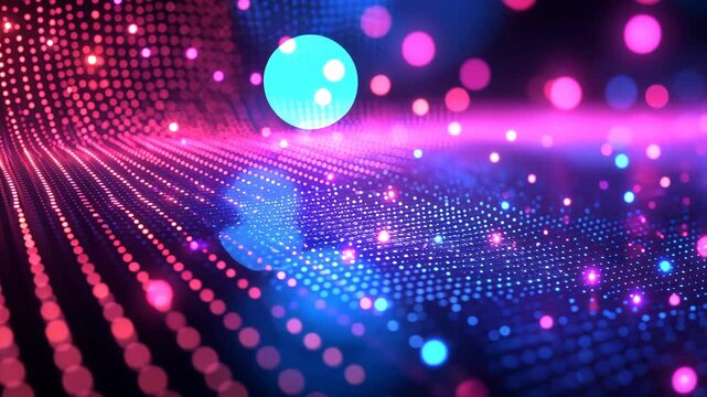 Vibrant neon light particles dance in futuristic technological space