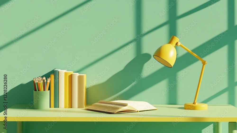 Poster minimalist desk setup with books pencils and lamp