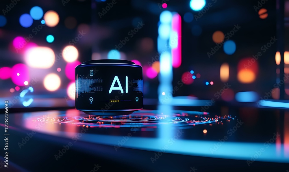 Aufkleber futuristic ai technology concept with glowing device display against dark background with colorful b