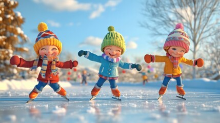 Cartoon style happy child doing ice skating.