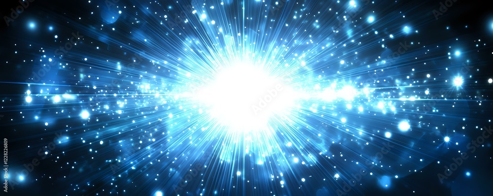 Poster bright blue cosmic explosion with glowing particles and light rays bursting in dark space, creating 
