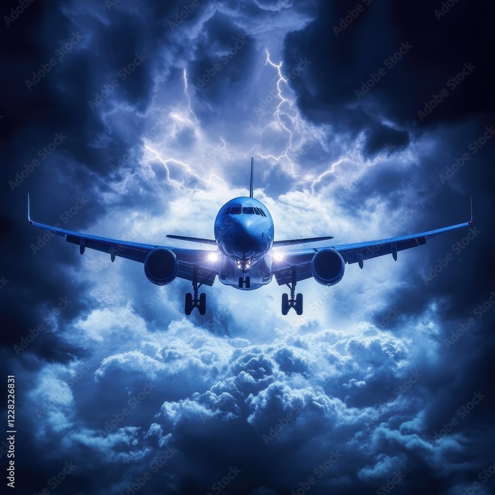 Poster dark skies and lightning surround an aircraft during turbulent weather conditions at dusk. generativ