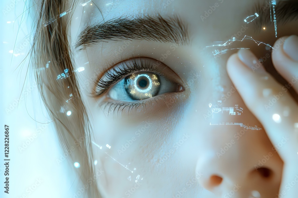 Poster close-up of bright blue eye with long eyelashes and defined eyebrow in ethereal lighting with glowin
