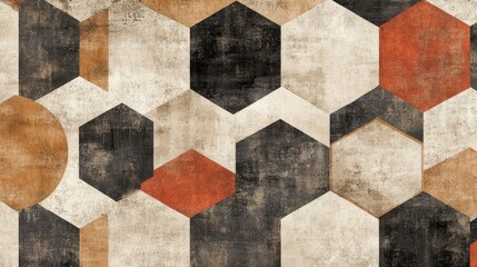 Geometric hexagon tile pattern design, textured surface, earthy tones, background for website, interior decor
