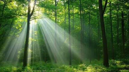 Sunbeams Illuminate Lush Green Forest Scene