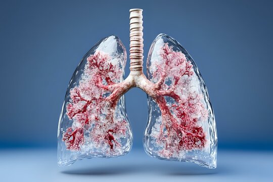 Transparent anatomical model of human lungs with red blood vessels and bronchi against blue background, medical education concept.