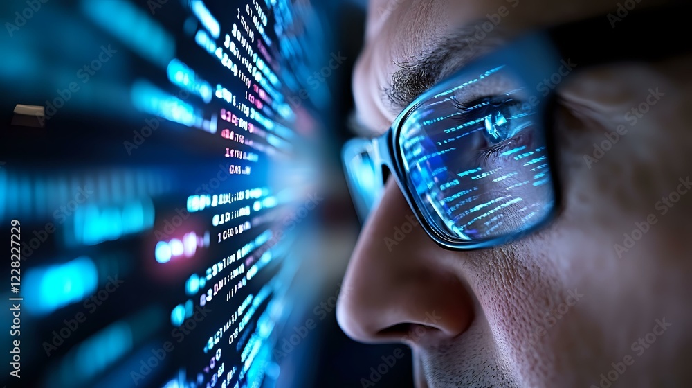 Poster close up view of programmer glasses reflecting blue computer code on screen, dramatic lighting highl