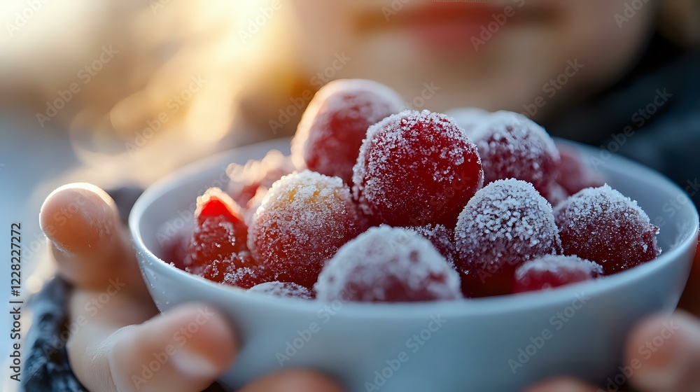 Poster fresh ripe strawberries dusted with powdered sugar in white ceramic bowl, close-up view with soft bl