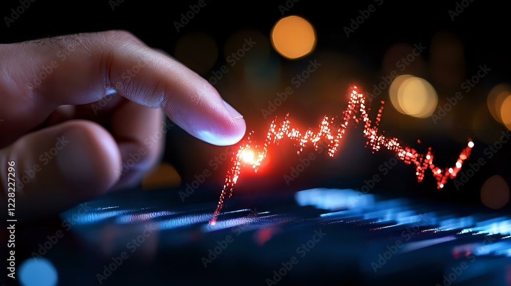 Poster finger pointing at glowing red stock market chart on digital screen with blurred bokeh lights in bac