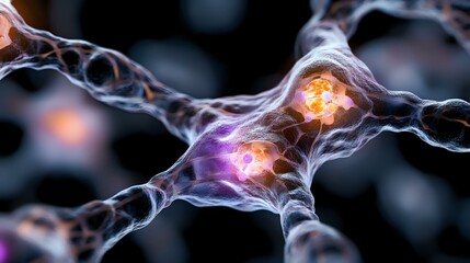 Glowing neural network visualization with purple and orange synaptic connections on dark background, depicting brain cell communication and nervous system activity.