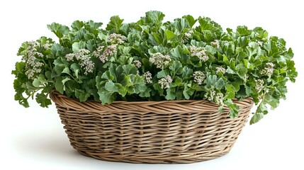 Fototapeta premium Fresh green geranium plants with white blooms growing in oval wicker basket isolated on white background, ready for garden design and floral decoration projects.